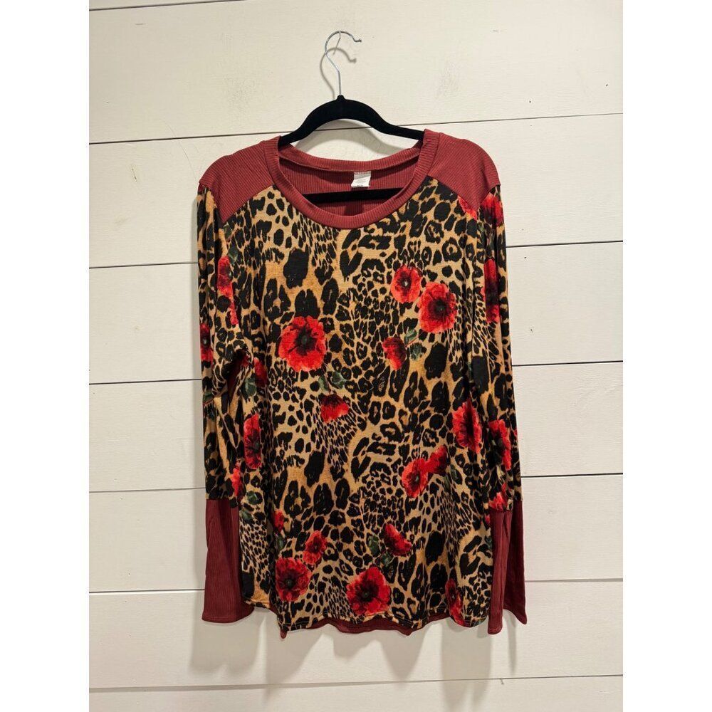 Boutique Leopard Print & Floral Long Sleeve Top 2XL